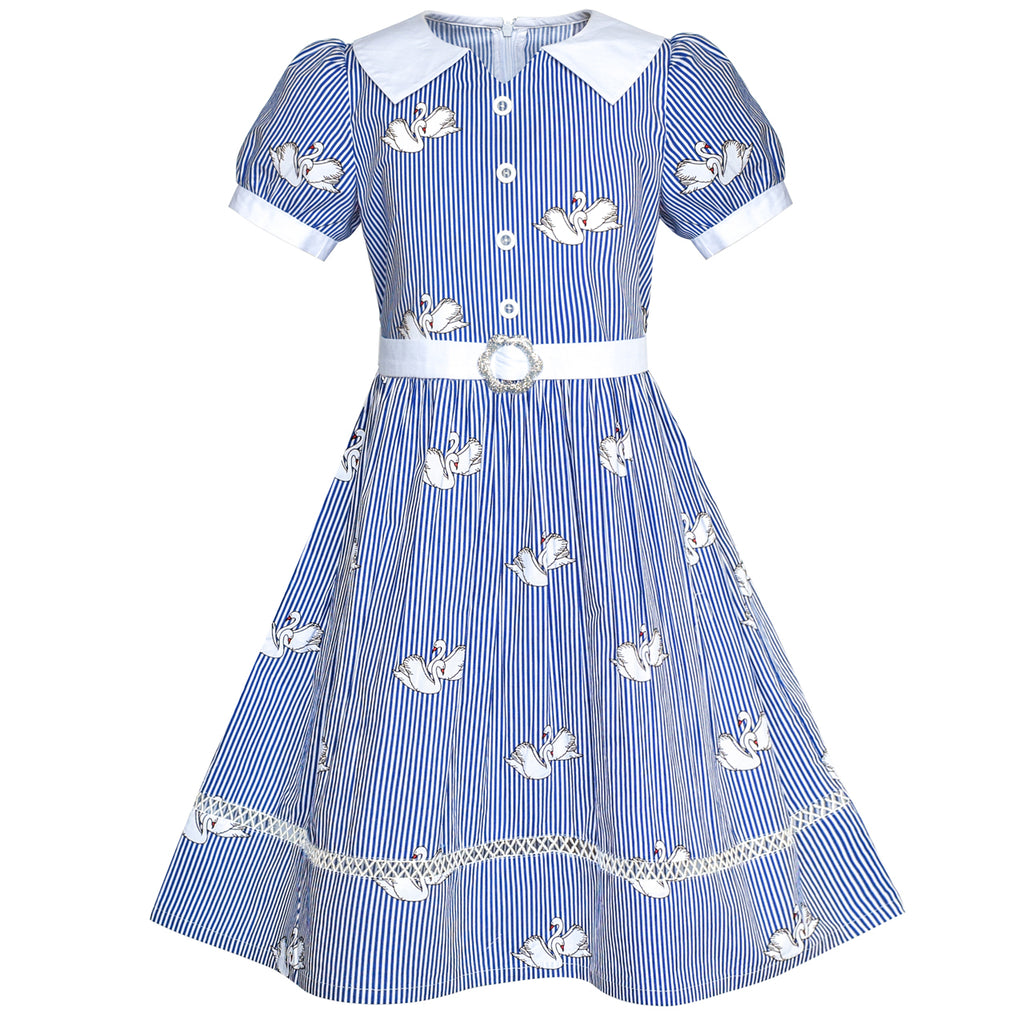 Girls Dress School Blue Strip Swan ...